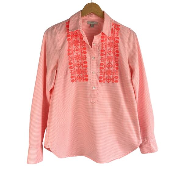 J.‎ Crew Boho Embroidered Popover Button Up Shirt Women 6 Coral Cottage Striped - Picture 1 of 7